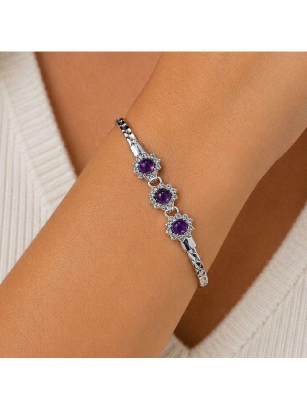 Vintage Amethyst Floral Bracelet Sterling Overlay Buckle Clasp February Birthday